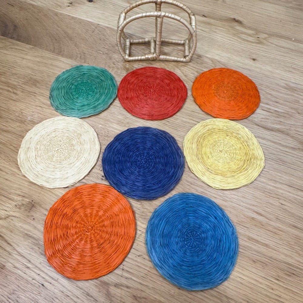 Vintage Woven Raffia Coasters Set of 8 with Wicker Holder Multicolor Boho‎ Decor